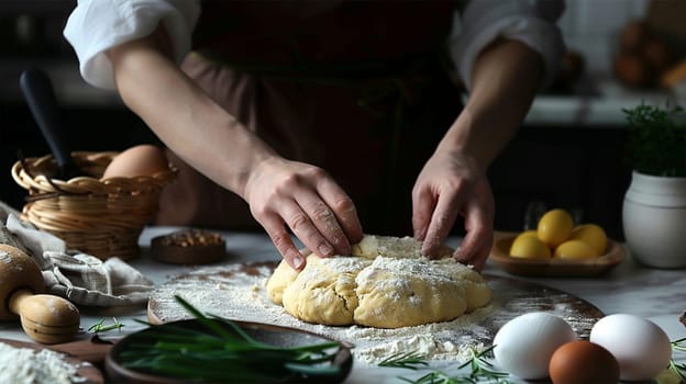 Cinematic close up of professional artisan baker chef is making with flour loaf of dough for preparation of pasta, pizza and other pastries in rustic bakery kitchen.