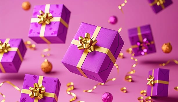 Purple giftbox flying with golden particles. Realistic violet gift box with golden ribbon bow background. Concept of abstract holiday, birthday or wedding present or surprise. Mother's Day. pastel