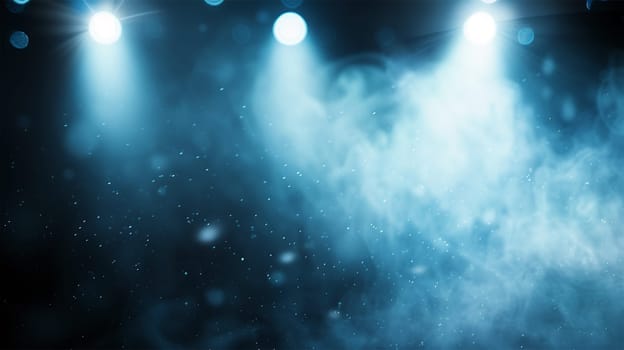 Colorful blue stage lights. Blue neon spotlights and white laser holograms spins, turns and emits light bright beams. Lighting equipment and light effects for design, concert hall and stage lighting during show. Stage lights shining