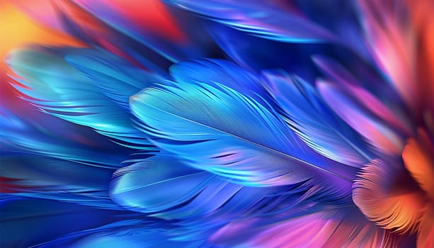 Neon feathers moving smooth. Abstract feather rainbow background. Closeup image fluffy feather under colorful pastel neon. Copy space Beautiful abstract effect