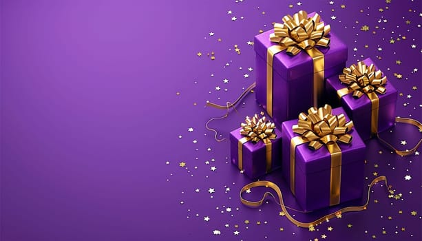 Purple giftbox flying with golden particles. Realistic violet gift box with golden ribbon bow background. Concept of abstract holiday, birthday or wedding present or surprise. Mother's Day. pastel