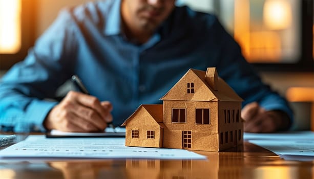 Signing contract real estate businessman, home mortgage contract, home mortgage loan, land collateral with apartment building and with laptop on the desk in the office.