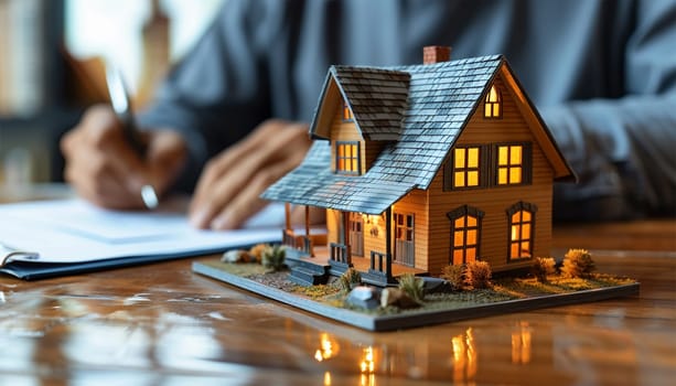 Signing contract real estate businessman, home mortgage contract, home mortgage loan, land collateral with apartment building and with laptop on the desk in the office.