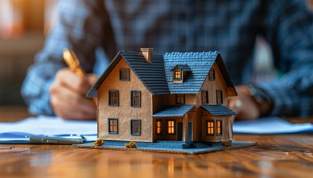 Signing contract real estate businessman, home mortgage contract, home mortgage loan, land collateral with apartment building and with laptop on the desk in the office.