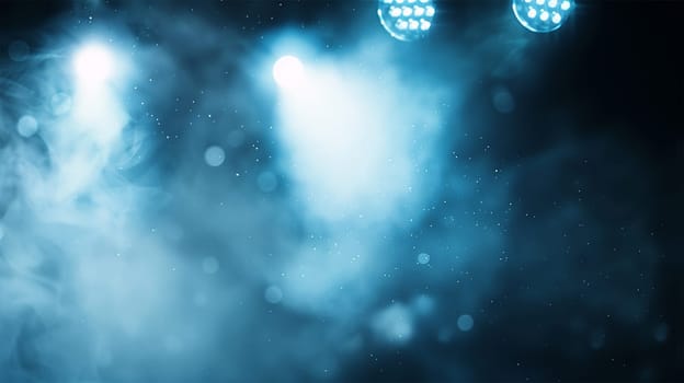 Colorful blue stage lights. Blue neon spotlights and white laser holograms spins, turns and emits light bright beams. Lighting equipment and light effects for design, concert hall and stage lighting during show. Stage lights shining