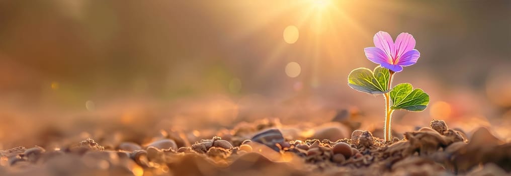 A stunning little flower blooms with vibrant purple petals against a soft, natural background in the wild. Sunlight shining standing alone. Spring and summer 4k video beauty