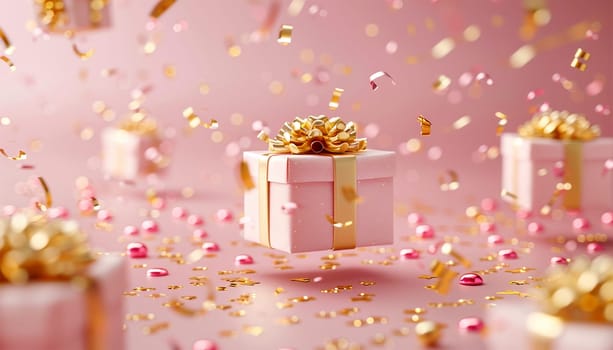 Pink gift box with golden ribbon bow levitating on pastel pink background. Flying stripped present with confetti abstract commercial for woman concept. Creative realistic minimal banner 3d render