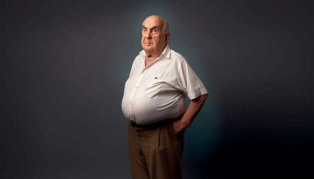 Senior elderly man with big belly. Obese man waist body fat. Obesity and weight loss. Older man on dark background copy space