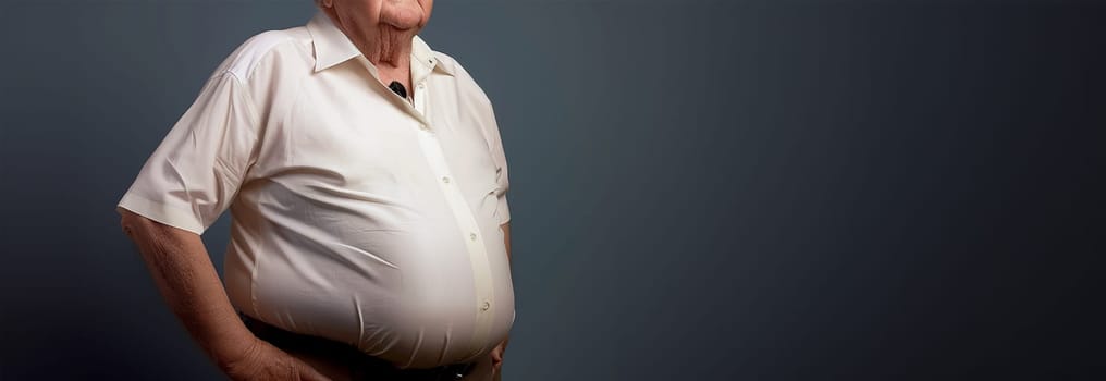 Senior elderly man with big belly. Obese man waist body fat. Obesity and weight loss. Older man on dark background copy space