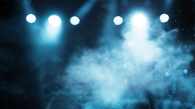 Colorful blue stage lights. Blue neon spotlights and white laser holograms spins, turns and emits light bright beams. Lighting equipment and light effects for design, concert hall and stage lighting during show. Stage lights shining