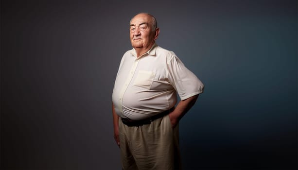 Senior elderly man with big belly. Obese man waist body fat. Obesity and weight loss. Older man on dark background copy space