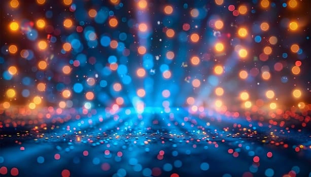 Colorful blue stage lights. Blue neon spotlights and white laser holograms spins, turns and emits light bright beams. Lighting equipment and light effects for design, concert hall and stage lighting during show. Stage lights shining copy space