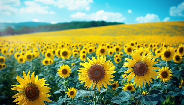 Field of yellow sunflower flowers against a background of clouds. Sunflower sways in the wind. Beautiful fields with sunflowers in the summer in rays of bright sun. Crop of crops ripening in field