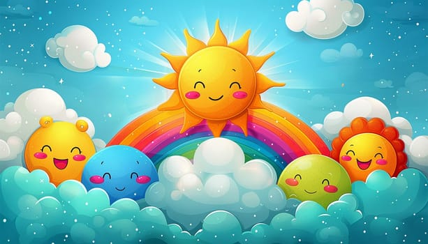 Cute animation with smiling sun and Magical fluffy clouds sparkling under a rainbow, timelapse style clouds drifting in the blue sky, background for music visualizer, kawaii aesthetic, fantasy backdrop, pastel gentle colors, princess for children 4k