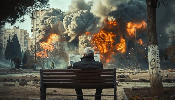 Senior man reading the news paper with a massive fire explosion in military combat and war. Tank in a city in the Middle East. Military Concept. Strength, power, explosion in the city