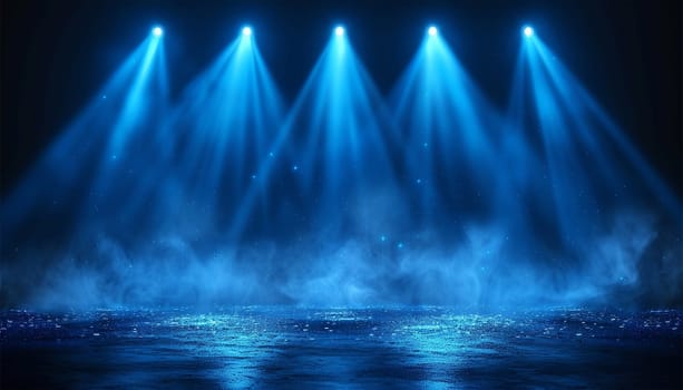 Colorful blue stage lights. Blue neon spotlights and white laser holograms spins, turns and emits light bright beams. Lighting equipment and light effects for design, concert hall and stage lighting during show. Stage lights shining copy space