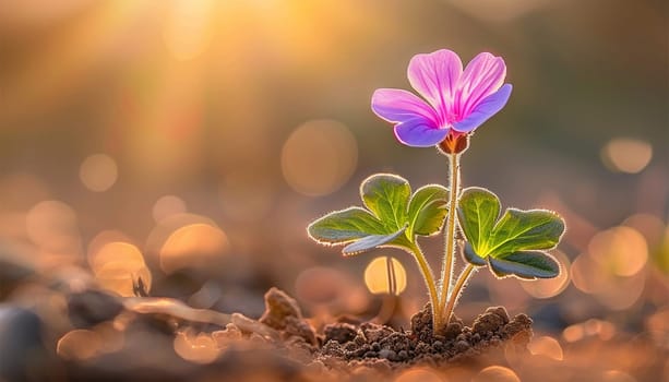 A stunning little flower blooms with vibrant purple petals against a soft, natural background in the wild. Sunlight shining standing alone. Spring and summer 4k video beauty