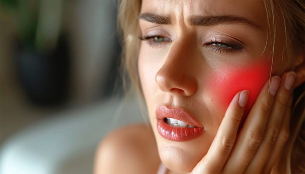 Depressed sad elegant middle aged woman with tooth pain and dentistry. Woman suffering from terrible teeth pain. red glow showing the pain. toothache. Dental care and health concept