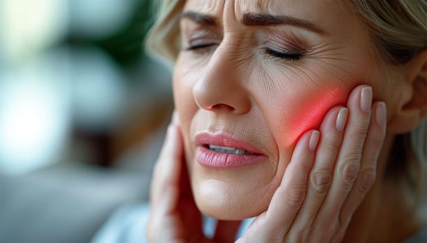 Depressed sad elegant middle aged woman with tooth pain and dentistry. Woman suffering from terrible teeth pain. red glow showing the pain. toothache. Dental care and health concept