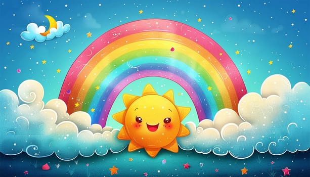 Cute animation with smiling sun and Magical fluffy clouds sparkling under a rainbow, timelapse style clouds drifting in the blue sky, background for music visualizer, kawaii aesthetic, fantasy backdrop, pastel gentle colors, princess for children 4k