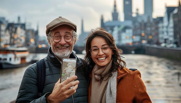 Asian tourist couple holding cell phone standing in city using smartphone fast connection, checking apps for travel navigation maps guide.
