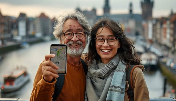 Asian tourist couple holding cell phone standing in city using smartphone fast connection, checking apps for travel navigation maps guide.