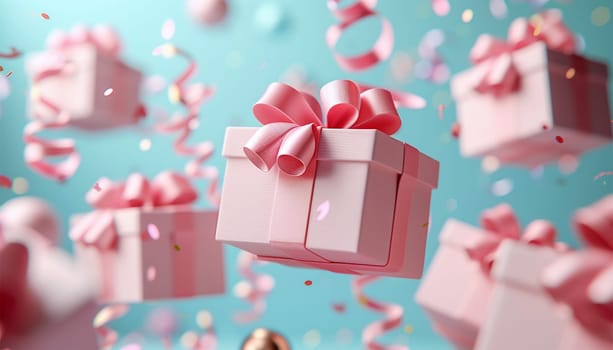 Pink gift box with golden ribbon bow levitating on pastel pink background. Flying stripped present with confetti abstract commercial for woman concept. Creative realistic minimal banner 3d render