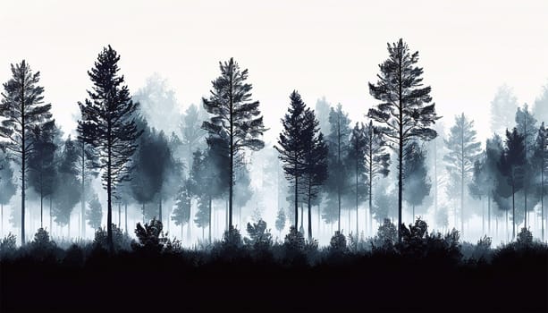 Forest silhouette white background. Forest background, nature, landscape. Evergreen coniferous trees. Pine, spruce, tree. Silhouette copy space