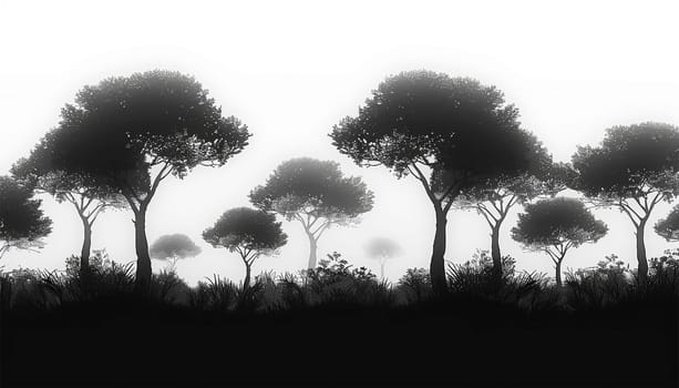 Forest silhouette white background. Forest background, nature, landscape. Evergreen coniferous trees. Pine, spruce, tree. Silhouette copy space
