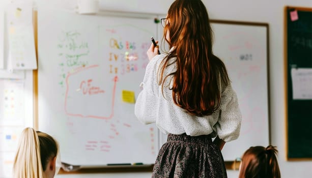Portrait, young woman in classroom teaching children at school, students or happiness in a classroom. Face, female educator or employee with children, smile or education with knowledge, learners and development