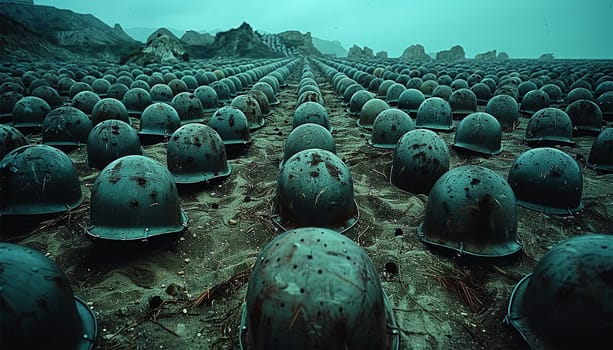 Helmets in a row on battlefield. Military warzone. Army rangers in combat helmets. military graveyard. Soldiers who died in the war