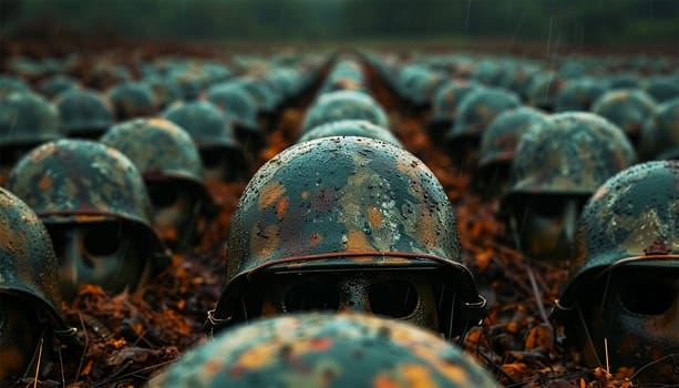 Helmets in a row on battlefield. Military warzone. Army rangers in combat helmets. military graveyard. Soldiers who died in the war