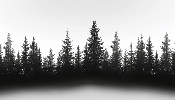 Forest silhouette white background. Forest background, nature, landscape. Evergreen coniferous trees. Pine, spruce, tree. Silhouette copy space