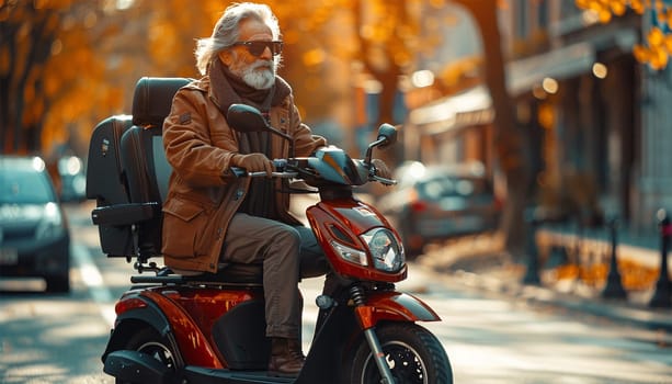 Senior man riding a mobility scooter. An elderly person on an electric vehicle in the city. Disability motorized wheelchair