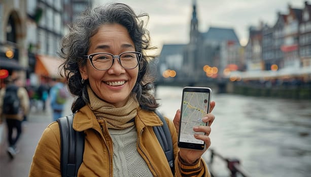 Asian tourist woman holding cell phone standing in city using smartphone fast connection, checking apps for travel navigation maps guide.