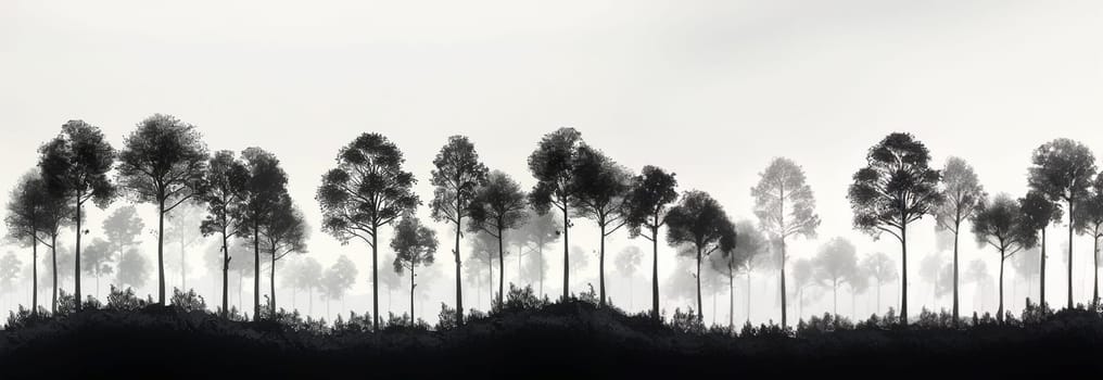 Forest silhouette white background. Forest background, nature, landscape. Evergreen coniferous trees. Pine, spruce, tree. Silhouette copy space