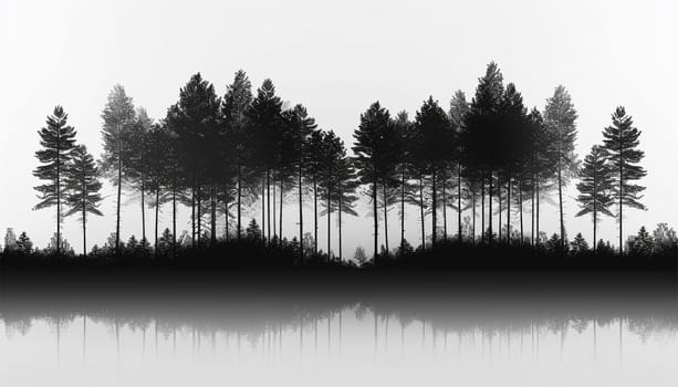 Forest silhouette white background. Forest background, nature, landscape. Evergreen coniferous trees. Pine, spruce, tree. Silhouette copy space