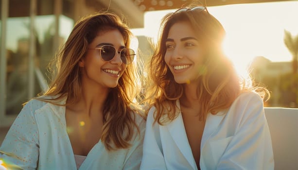 Arabic women with abaya bonding and having fun outdoors - Happy middle eastern friends meeting and talking while shopping,dining