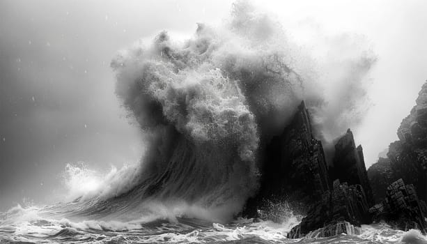 Extreme Wave crushing coast , Large Ocean Beautiful Wave, Awesome power of waves breaking over dangerous rocks. Powerful ocean wave crushing on cliff slow-motion beauty