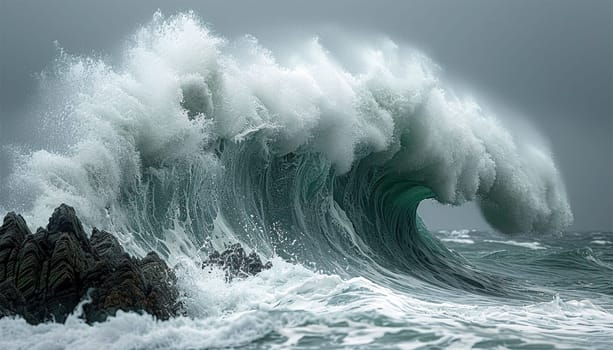 Extreme Wave crushing coast , Large Ocean Beautiful Wave, Awesome power of waves breaking over dangerous rocks. Powerful ocean wave crushing on cliff slow-motion beauty