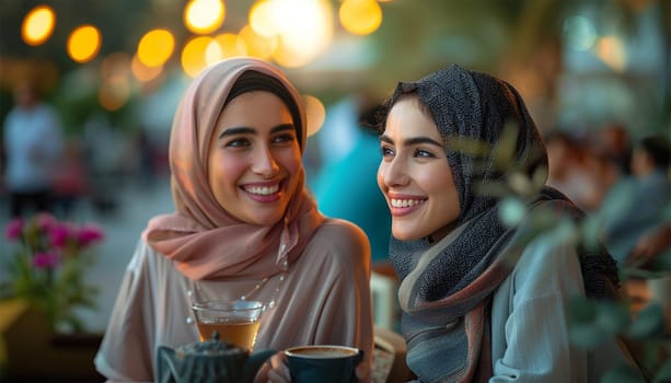 Arabic women with abaya bonding and having fun outdoors - Happy middle eastern friends meeting and talking while shopping,dining