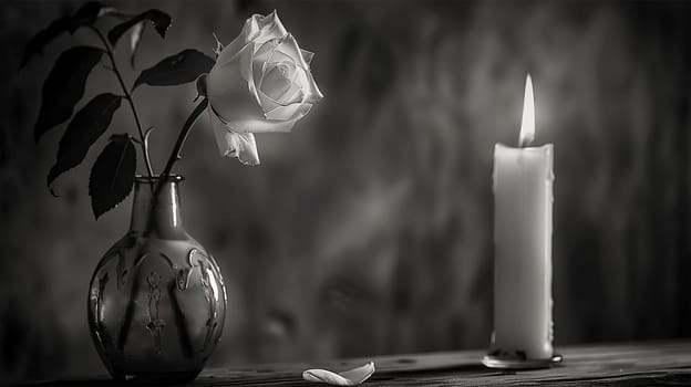 Burning candle with vintage vase and white rose. Burning candles on dark surface. Melted wax candle burning at night. Memory day. Black and white