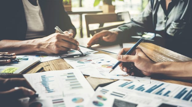 Male mature caucasian ceo businessman leader with diverse coworkers team, executive managers group at meeting. Multicultural professional businesspeople working together on research plan in boardroom.