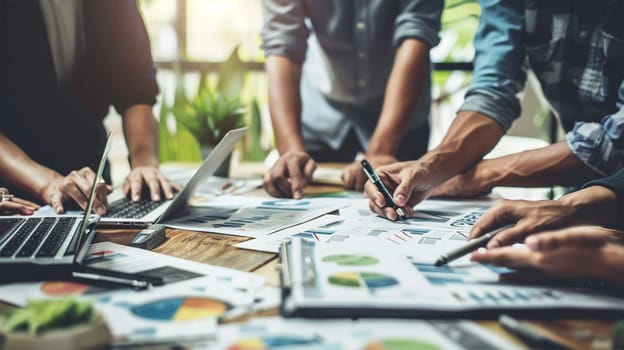 Male mature caucasian ceo businessman leader with diverse coworkers team, executive managers group at meeting. Multicultural professional businesspeople working together on research plan in boardroom.