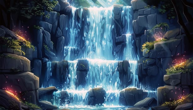 Animation beautiful waterfall front view in magical tropical jungle. Nature river waterfall forest. cartoon. Anime background landscape beauty
