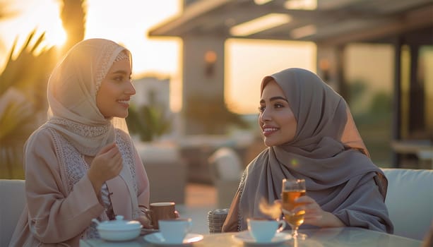 Arabic women with abaya bonding and having fun outdoors - Happy middle eastern friends meeting and talking while shopping,dining