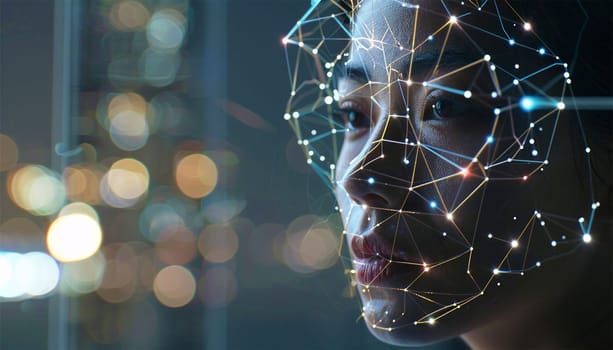 Face analysis. Future. Face Detection. Technological 3d Scanning. Biometric Facial Recognition. Face Id. Technological Scanning Of The Face Of Beautiful Caucasian woman