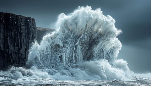Extreme Wave crushing coast , Large Ocean Beautiful Wave, Awesome power of waves breaking over dangerous rocks. Powerful ocean wave crushing on cliff slow-motion beauty