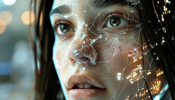 Face analysis. Future. Face Detection. Technological 3d Scanning. Biometric Facial Recognition. Face Id. Technological Scanning Of The Face Of Beautiful Caucasian woman