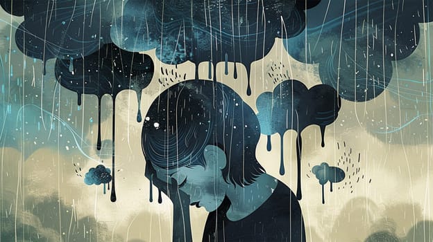 Young person who suffers from mental health diseases. Rain clouds, symptoms of depression disorder: anxiety, crisis, tears, exhaustion, loss, overworked, tired. Unhappy